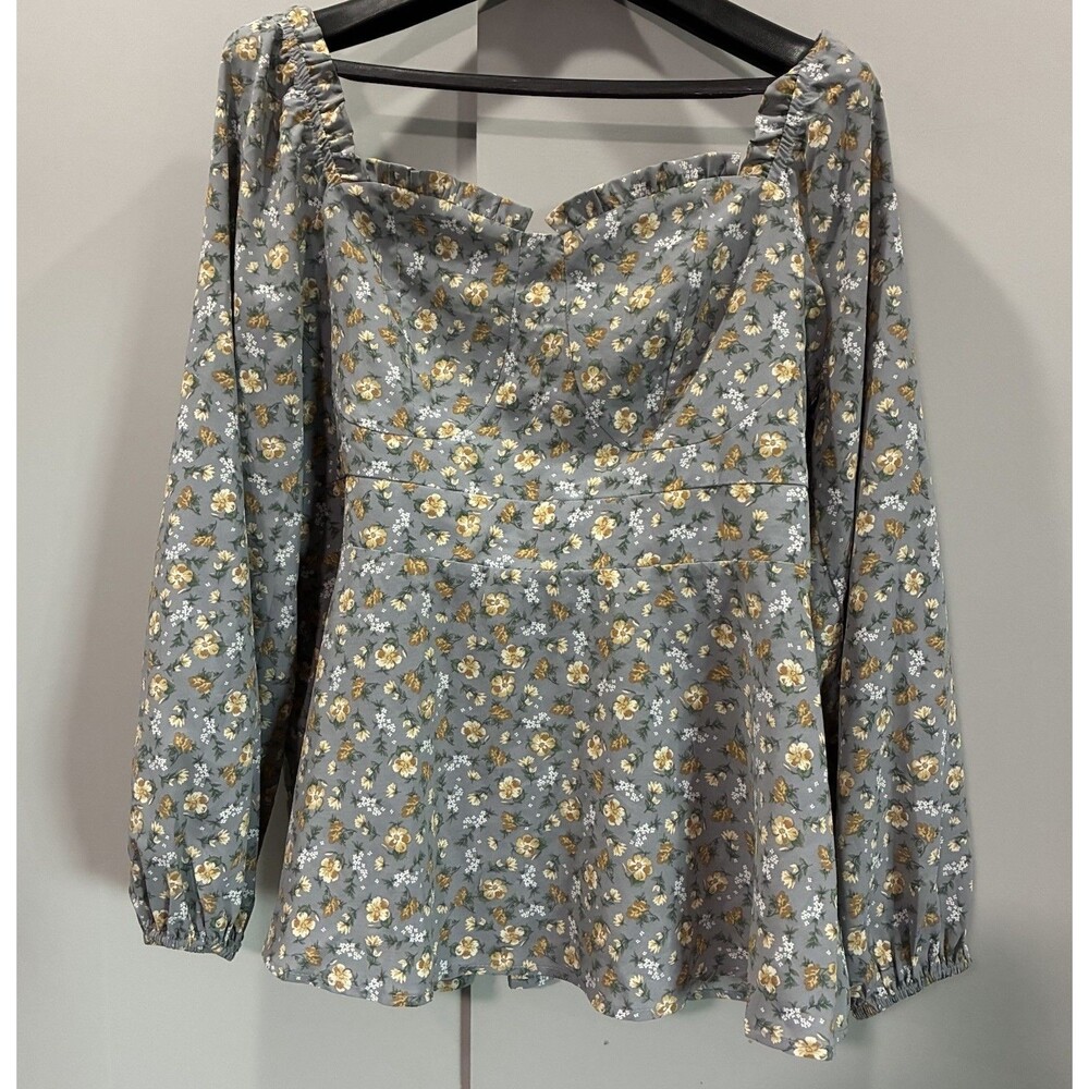 Milkmaid Plus Blue Floral Peplum Blouse US 14-16 Sweetheart Puff Sleeve Cottage